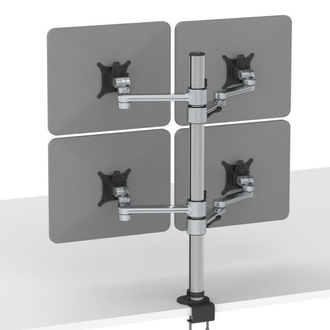 A quad monitor arm made of aluminum and plastic, featuring four monitor mounts and a central supporting structure, in silver