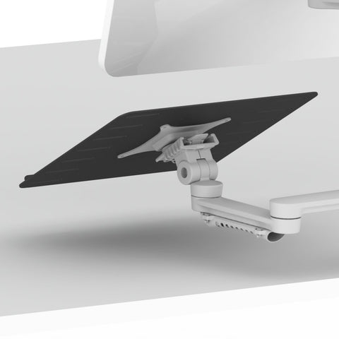 A black laptop tray with white arm