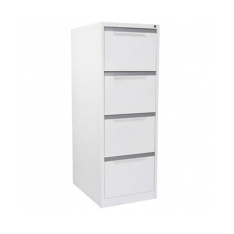 A vertical filing cabinet with four drawers, in a white satin finish, with a recessed handle and label holders on the drawer fronts.