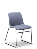 Breo blue grey upholstered chair with a black sled base, side view