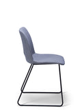 Breo blue grey upholstered chair with a black sled base, side view