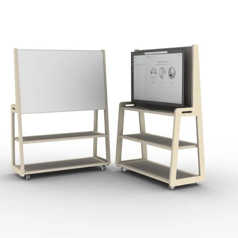 Two SixtySix units in cream finish with shelves, one featuring a whiteboard and the other a mounted AV screen