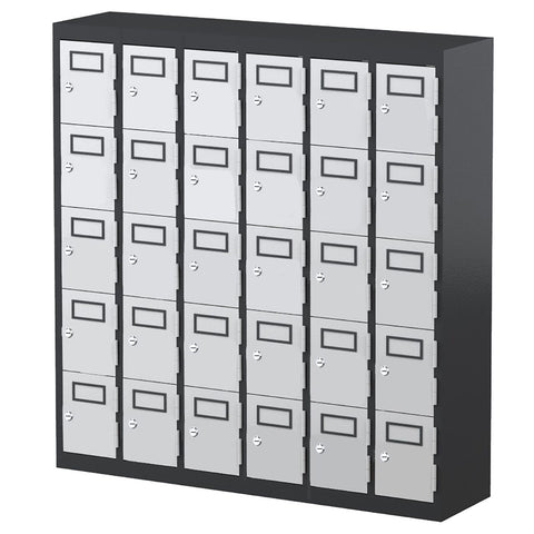 30-door mobile phone locker for secure smartphone storage in schools and workplaces, featuring flush-mounted doors, optional charging outlets, and durable powder-coated finish.