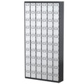 60-door mobile phone locker designed for high-capacity secure storage of smartphones and small items, with optional power outlets, key or padlock access, and wall-mounting capability.