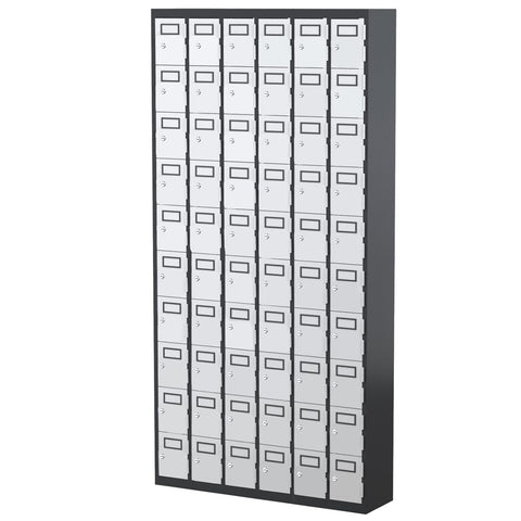 60-door mobile phone locker designed for high-capacity secure storage of smartphones and small items, with optional power outlets, key or padlock access, and wall-mounting capability.