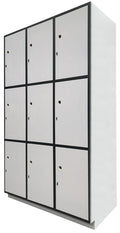 9-door hybrid education locker in light grey, featuring anti-scratch laminate doors, powder-coated steel frame, and flush-mounted design, ideal for secure school storage.