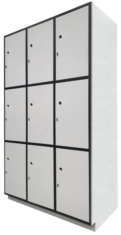9-door hybrid education locker in light grey, featuring anti-scratch laminate doors, powder-coated steel frame, and flush-mounted design, ideal for secure school storage.