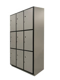 High-capacity 9-door hybrid education locker with durable construction and flush-mounted doors, perfect for student use in busy school environments