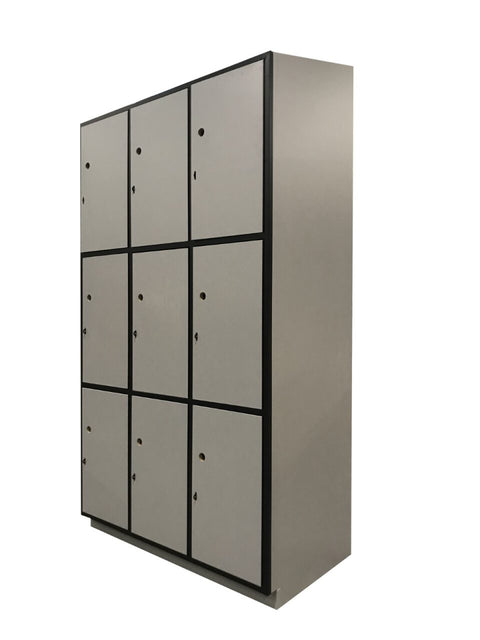 High-capacity 9-door hybrid education locker with durable construction and flush-mounted doors, perfect for student use in busy school environments