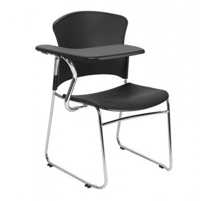 Adam visitor chair in black with chrome sled frame and right-hand tablet arm for training rooms