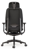 High back office chair with headrest, seat slide, and 4D adjustable arms in black color, back view