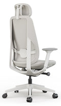 High back office chair with headrest, seat slide, and 4D adjustable arms in oatmeal color, back view