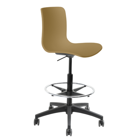 Acti Drafting Chair in brown shell, black nylon base with castors, and height-adjustable foot-ring.