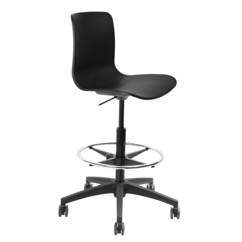 Acti Drafting Chair in black shell, black nylon base with castors, and height-adjustable foot-ring.