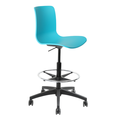 Acti Drafting Chair in blue shell, black nylon base with castors, and height-adjustable foot-ring.