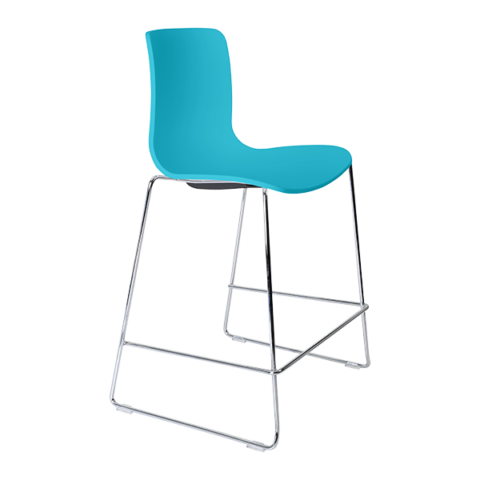 Acti High Stool in blue poly shell with chrome sled barstool frame, practical for cafes or breakout areas