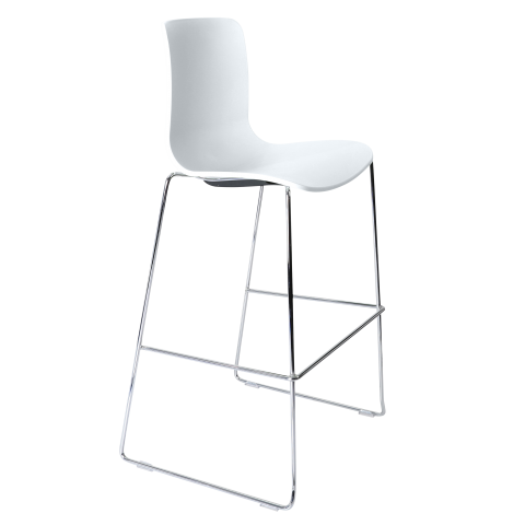 Acti High Stool in white poly shell with chrome sled barstool frame, practical for cafes or breakout areas