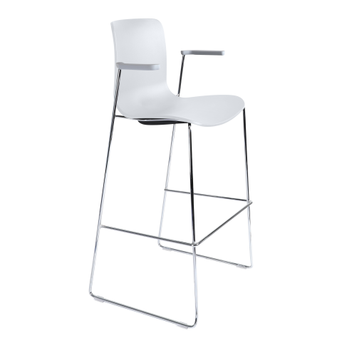 Acti High Stool in white poly shell with arms and chrome sled frame, practical for cafes or breakout areas