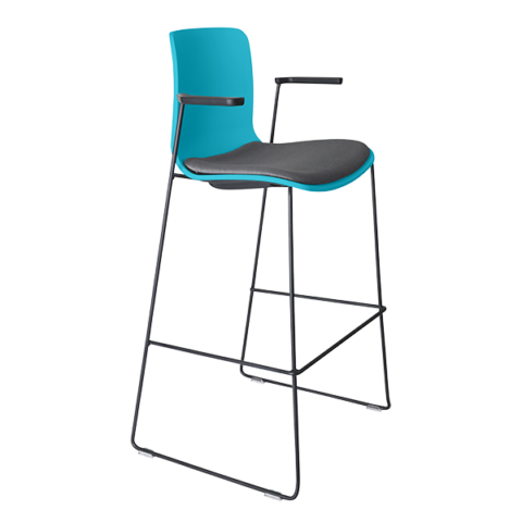 Acti High Stool in blue poly shell with arms and black sled frame and gray upholstered seat pad, ergonomic and versatile for restaurants