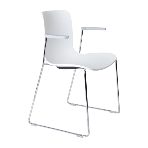 Acti Visitor Chair in white poly shell with arms and chrome sled frame, ergonomic flex back for training or meeting rooms