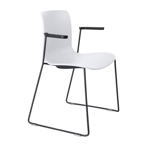 Acti Visitor Chair in white poly shell with arms and black sled frame, ergonomic flex back for training or meeting rooms