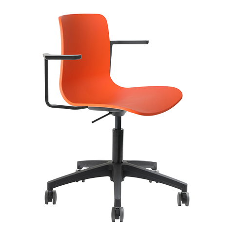 Acti Task Chair in orange poly shell with arms and black nylon swivel base on castors, versatile seating for office or education spaces