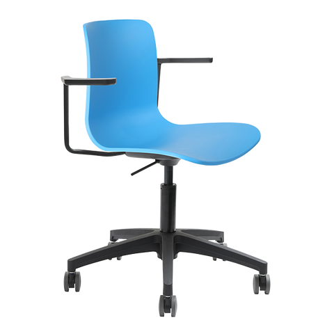 Acti Task Chair in blue poly shell with arms and black nylon swivel base on castors, versatile seating for office or education spaces