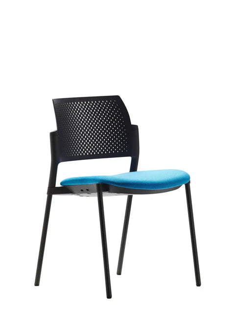 Altus Side Chair with blue upholstered seat, perforated polypropylene back, durable black powdercoat steel frame