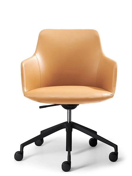 Gold Saba Meeting chair with wrap-around upholstered shell and 5-way swivel base