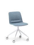 Unica blue upholstered chair with fixed height and 4-way swivel base with castors