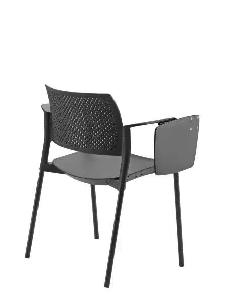 Altus Side Chair in black with polypropylene seat and perforated polypropylene back, armrests and writing tablet and strong black powdercoat steel frame
