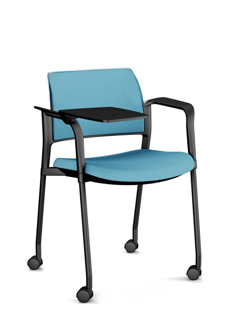 Altus Side Chair fully upholstered in blue with premium foam seat and back, writing tablet, armrests and black powdercoat steel frame
