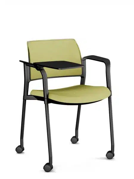 Altus Side Chair fully upholstered in green with premium foam seat and back, writing tablet, armrests and black powdercoat steel frame, versatile seating