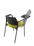 Altus Side Chair with green upholstered seat, perforated polypropylene back, armrests and writing tablet on durable black powdercoat steel frame