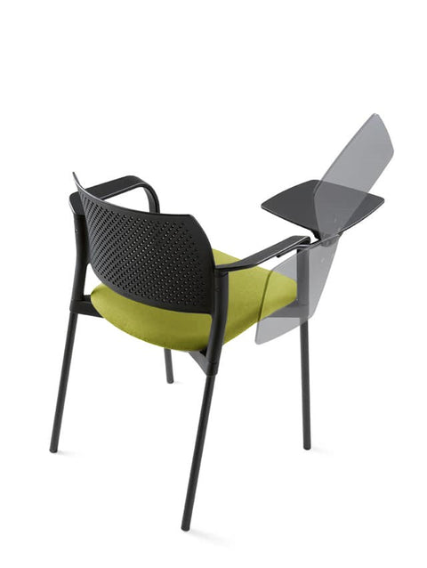 Altus Side Chair with green upholstered seat, perforated polypropylene back, armrests and writing tablet on durable black powdercoat steel frame