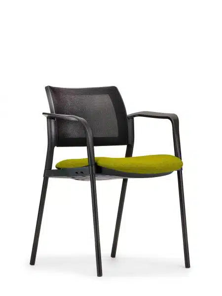 Altus Side Chair with green upholstered seat, black mesh back, armrests and writing tablet on black powdercoat steel frame, back view, front view