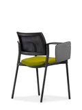 Altus Side Chair with green upholstered seat, black mesh back, armrests and writing tablet on black powdercoat steel frame, back view