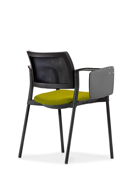 Altus Side Chair with green upholstered seat, black mesh back, armrests and writing tablet on black powdercoat steel frame, back view
