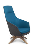 Delphi Plus chair with timber swivel base, featuring two-tone upholstery with blue inner and dark grey outer
