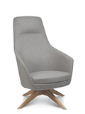 Delphi Plus chair with wrap-around shell and timber swivel base, upholstered in grey fabric
