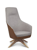Delphi Plus chair with timber swivel base, featuring two-tone upholstery with light grey inner and brown outer
