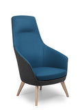 Delphi Plus chair with timber 4-leg base, featuring two-tone upholstery with blue inner and black outer