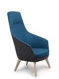 Delphi Plus chair with timber 4-leg base, featuring two-tone upholstery with blue inner and black outer, side view