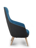 Delphi Plus chair with timber 4-leg base, featuring two-tone upholstery with blue inner and black outer, side view
