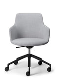 Grey Saba Meeting chair with wrap-around upholstered shell and 5-way swivel base