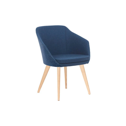 Annette Timber Natural chair with navy upholstered tub seat, mid-back design, and tapered timber legs