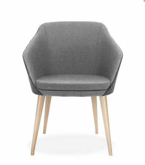 Annette Timber Natural chair with grey upholstered tub seat, mid-back design, and tapered timber legs