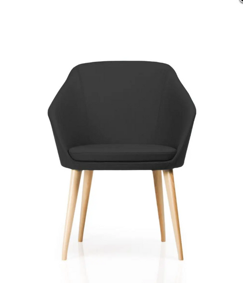 Annette Timber Natural chair with black upholstered tub seat, mid-back design, and tapered timber legs
