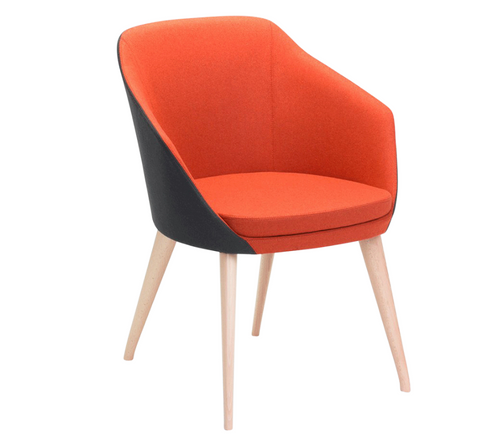 Annette Timber Natural chair with orange and black upholstered tub seat, mid-back design, and tapered timber legs