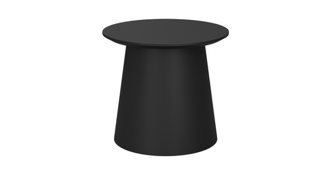 Small black Bobbi table with curved polypropylene base and sharknose MDF top, lightweight and nestable.